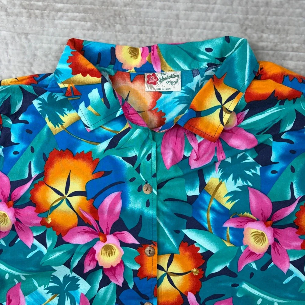 Hilo Hattie Hawaiian Shirt Mens 3X Teal Pink Tropical Floral Hibiscus Made in HI